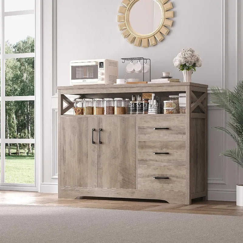 Vaxreen Modern Farmhouse Buffet Cabinet with Drawers and Shelves