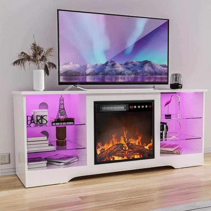 Vaxreen 65" Fireplace TV Stand, Adjustable Glass Media Console