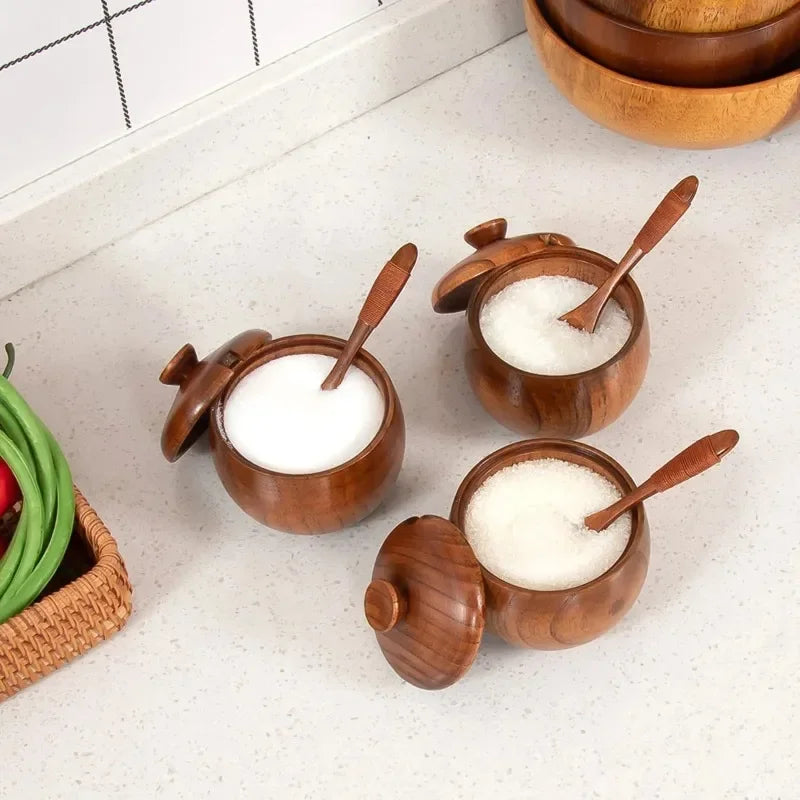Vaxreen Wooden Salt Cellar Set with Lid, Spoon, and Tray - Kitchen Seasoning Box
