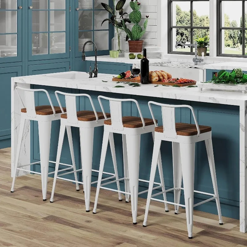 Vaxreen 24" Counter Height Metal Bar Stools Set of 4 with Removable Back & Wooden Seat