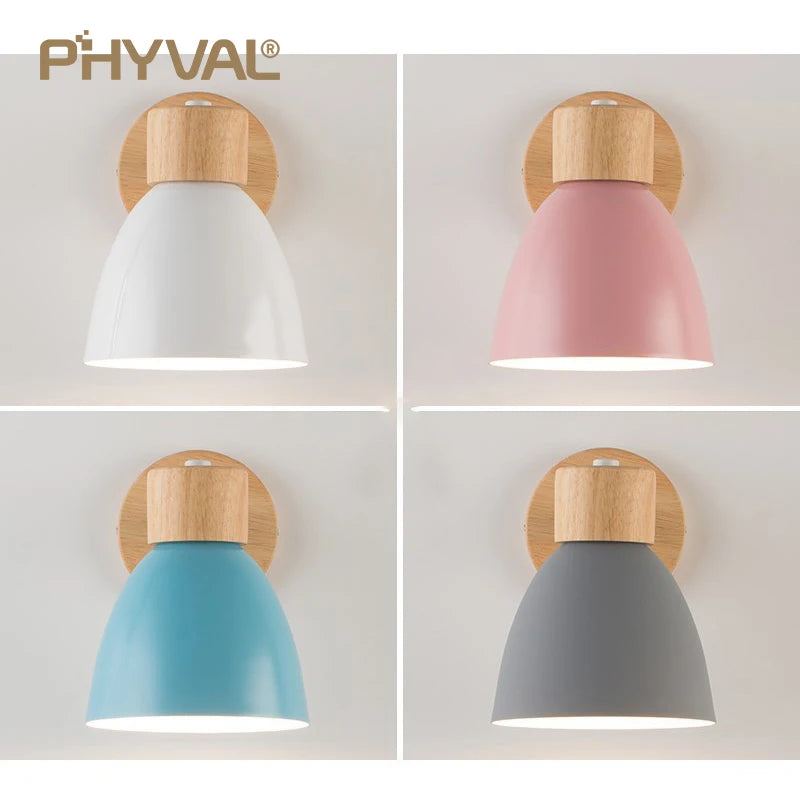 Vaxreen Nordic Wooden Wall Sconce Macaroon 6 Color E27 Lamp for Bedroom-Living Room