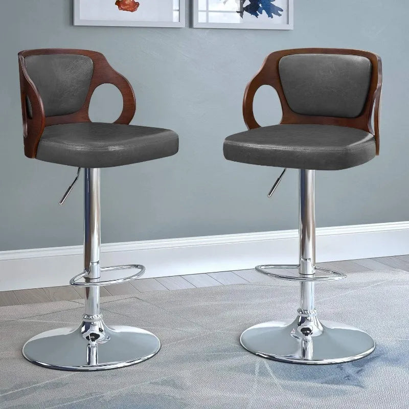 Vaxreen Walnut Bentwood Adjustable Height Leather Barstool with Back - Modern & Comfy